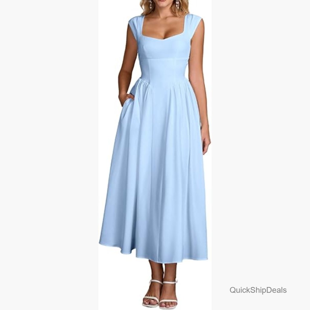 Square Neck Midi Dress A Line Flowy Back Cutout Wedding Guest